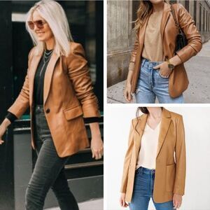 Ladies Camel Tan Genuine Real Lambskin Leather Single Button Blazer Jacket Large